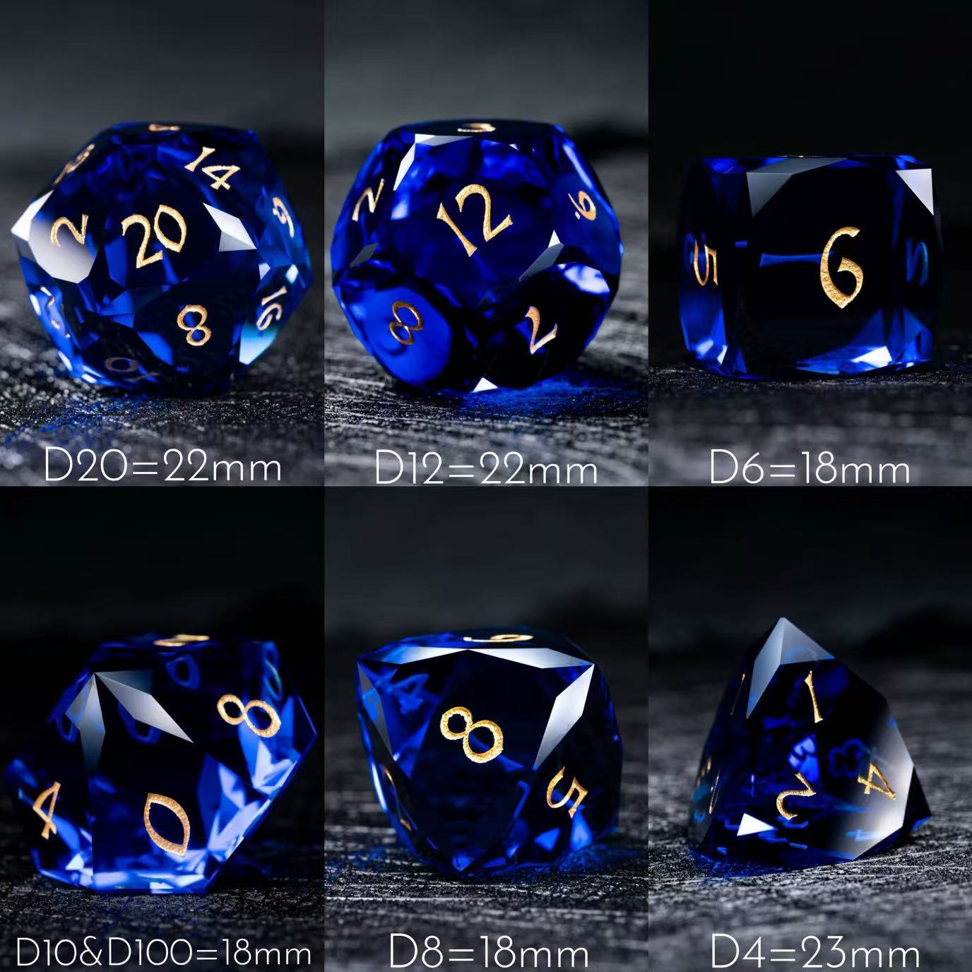 DIEACE D&D Sapphire multi-faceted prism glass dice set