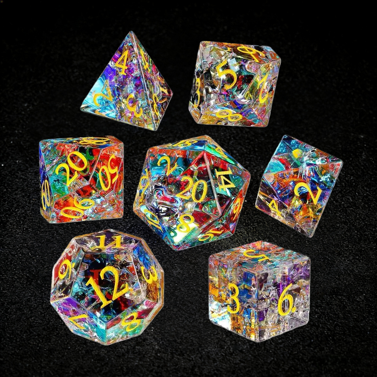 DIEACE D&D Rainbow Crackle Crystal Glass Gemstone Engraved Dice Set