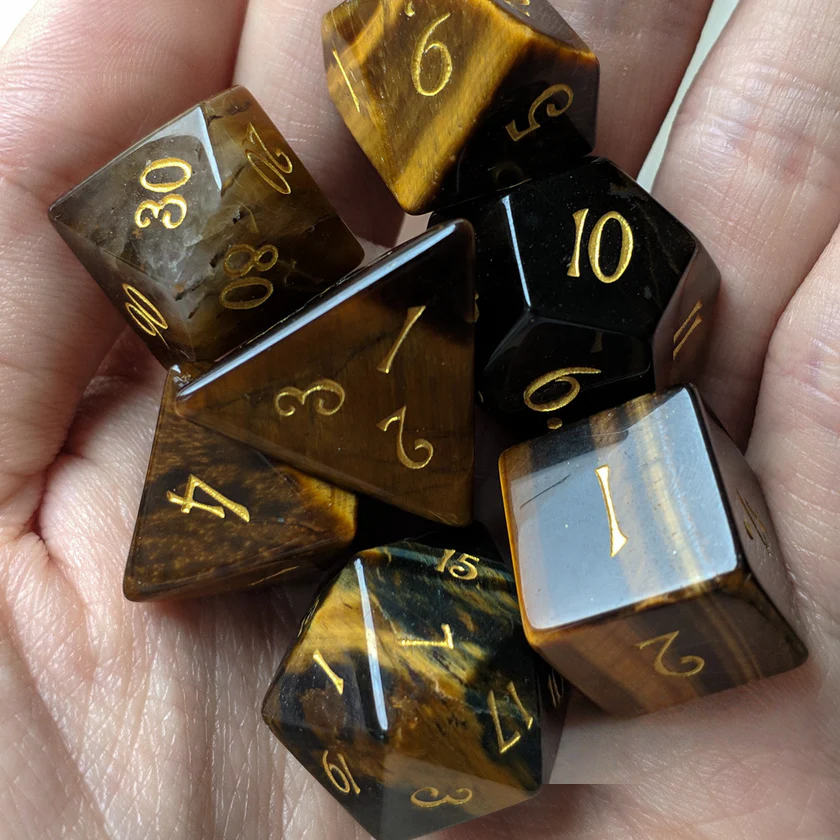 DIEACE D&D Tiger's Eye Gemstone Engraved Dice Set