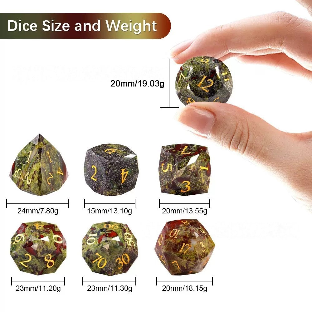 DIEACE D&D Dragon Bloodstone Multi-Faceted Gemstone Engraved Dice Set