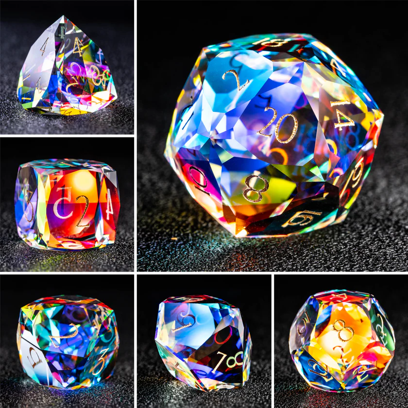 DIEACE D&D Multi-faceted Prism Glass Engraved Dice Set