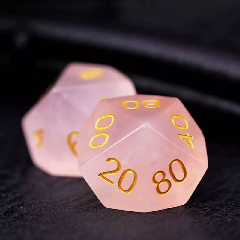DIEACE D&D Rose Quartz Gemstone Engraved Dice Set