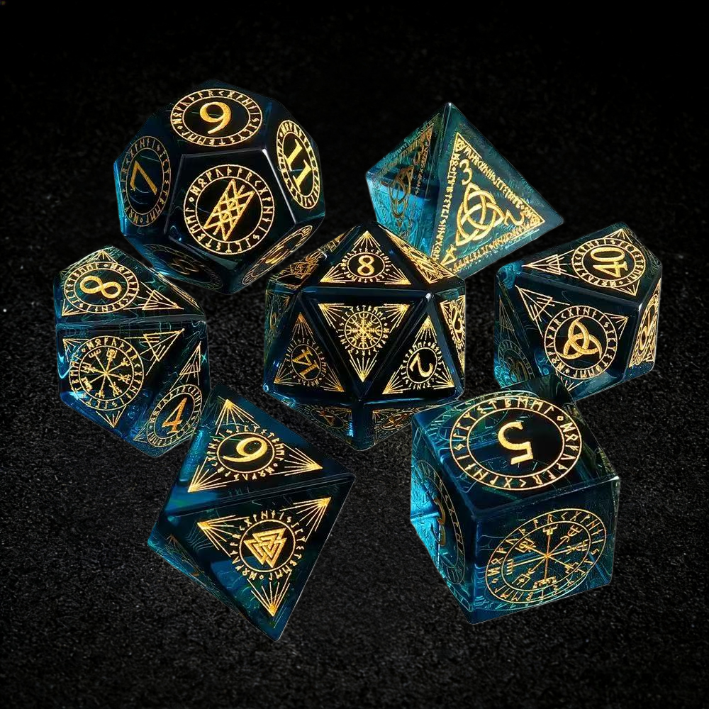 DIEACE D&D Mystical Symbols Colorful Blue Crystal Glass Gemstone Engraved Dice Set