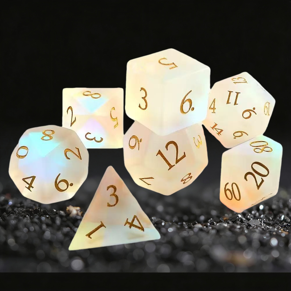 DIEACE D&D Frosted Iridescent Crystal Glass Gemstone Engraved Dice Set