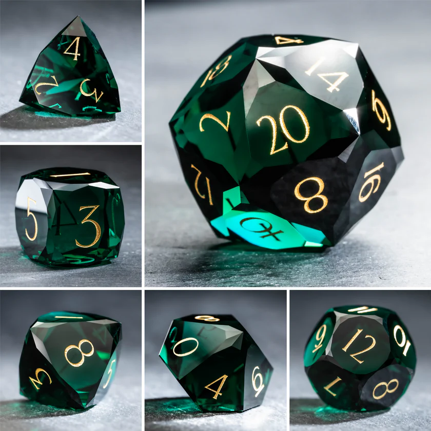 DIEACE D&D Pine Green Multi-faceted Engraved Glass Dice Set