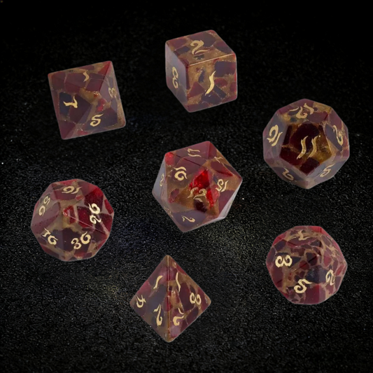 DIEACE D&D Red Gold Stone Gemstone Engraved Dice Set