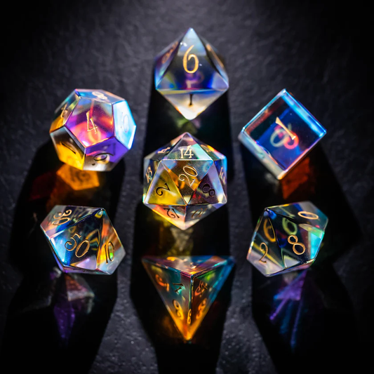 DIEACE D&D Dichroic Prism Glass Gemstone Engraved Dice Set