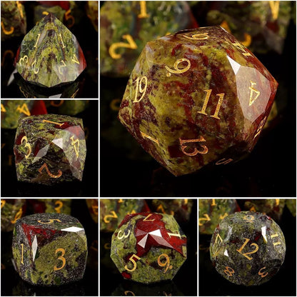DIEACE D&D Dragon Bloodstone Multi-Faceted Gemstone Engraved Dice Set