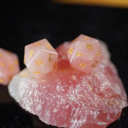 DIEACE D&D Rose Quartz Gemstone Engraved Dice Set