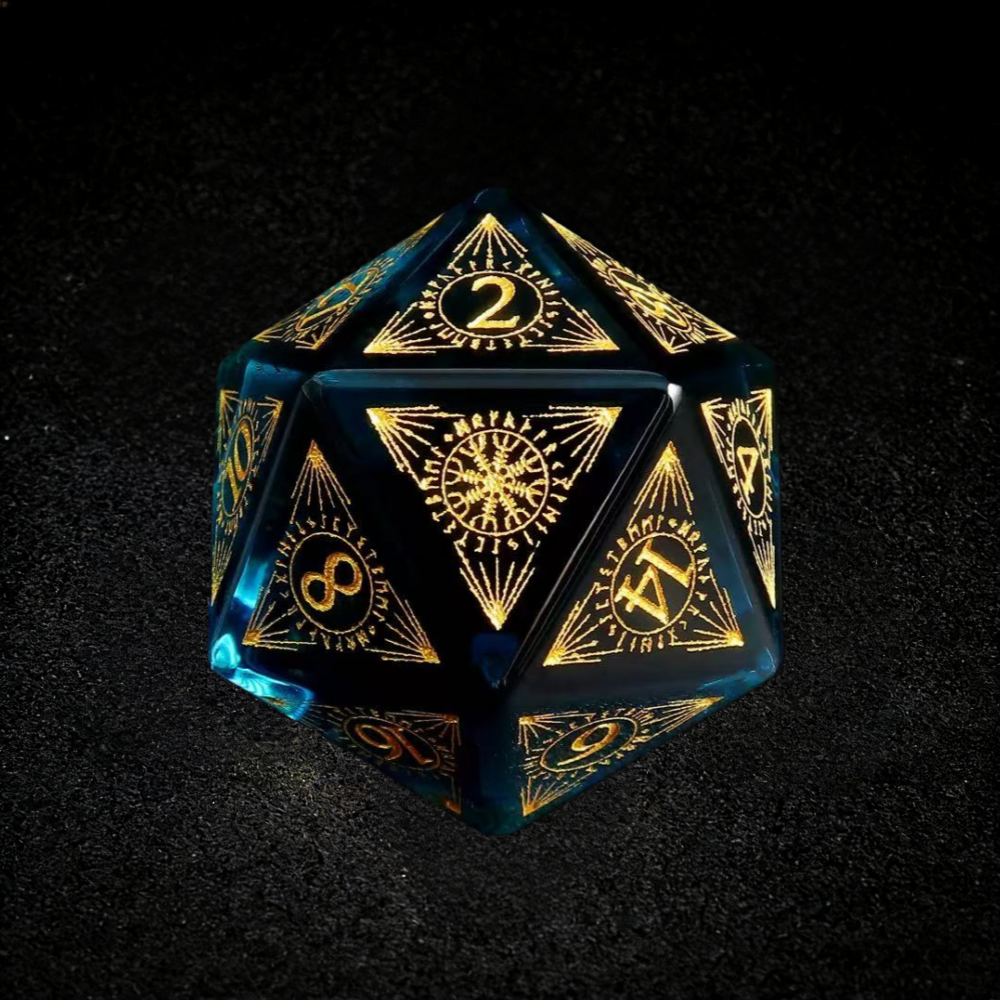 DIEACE D&D Mystical Symbols Colorful Blue Crystal Glass Gemstone Engraved Dice Set