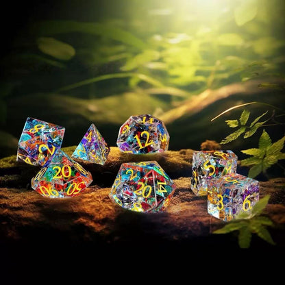 DIEACE D&D Rainbow Crackle Crystal Glass Gemstone Engraved Dice Set