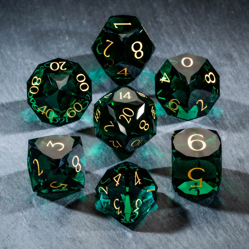 DIEACE D&D Pine Green Multi-faceted Engraved Glass Dice Set