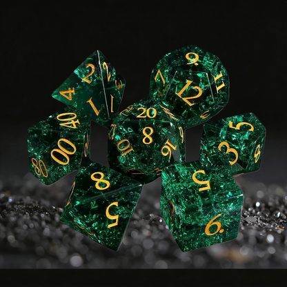 DIEACE D&D Crackle Cypress Green Crystal Glass Gemstone Engraved Dice Set