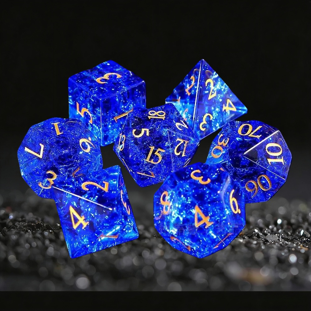 DIEACE D&D Crackle Blue Crystal Glass Gemstone Engraved Dice Set