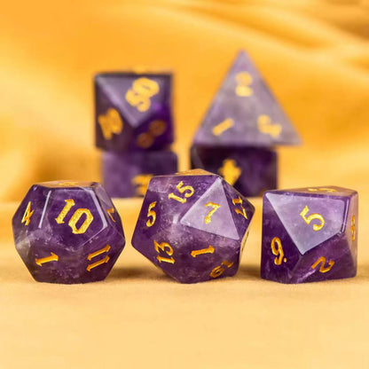 DIEACE D&D Amethyst Gemstone Engraved Dice Set