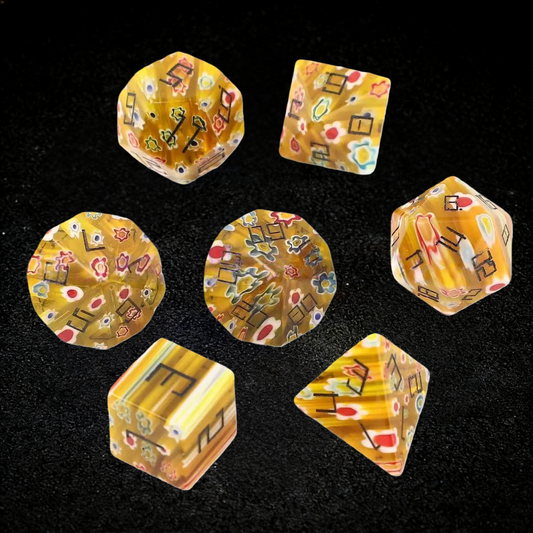 DIEACE D&D Yellow Patterned Liuli Gemstone Engraved Dice Set