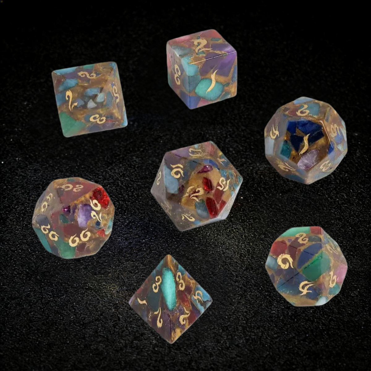 DIEACE D&D Flower Pattern Gold Stone Gemstone Engraved Dice Set