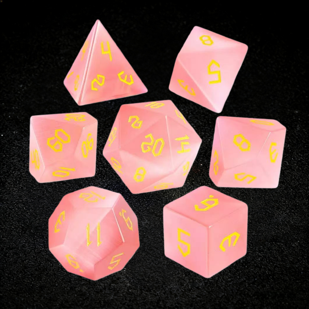 DIEACE D&D Light Pink Cats Eye Stone Engraved Gemstone Dice Set