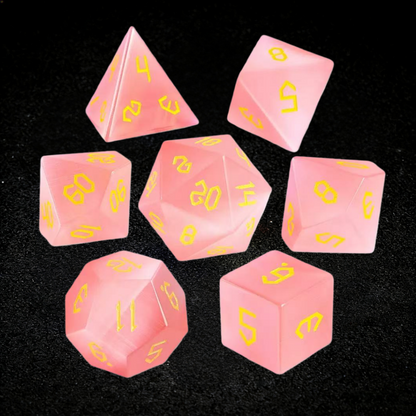 DIEACE D&D Light Pink Cats Eye Stone Engraved Gemstone Dice Set