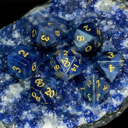 DIEACE D&D Blue Veined Gemstone Engraved Dice Set