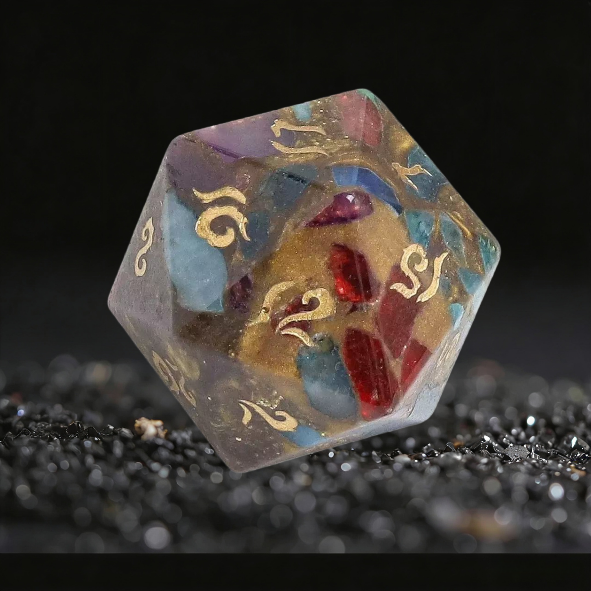 DIEACE D&D Flower Pattern Gold Stone Gemstone Engraved Dice Set