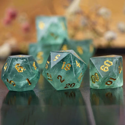 DIEACE D&D Green Fluorite Gemstone Engraved Dice Set