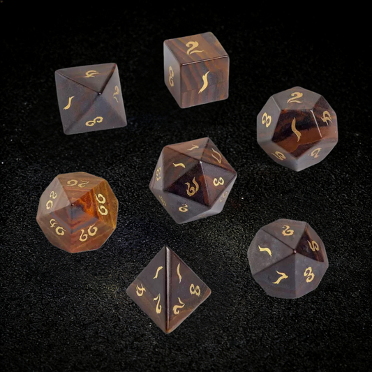 DIEACE D&D Natural Sandalwood Grain Stone Gemstone Engraved Dice Set