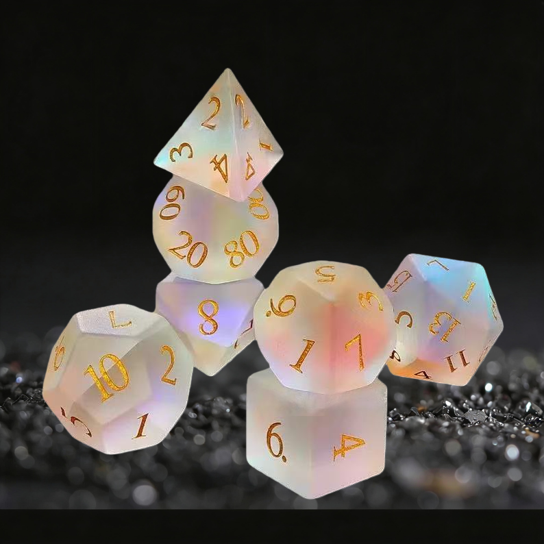 DIEACE D&D Frosted Iridescent Crystal Glass Gemstone Engraved Dice Set