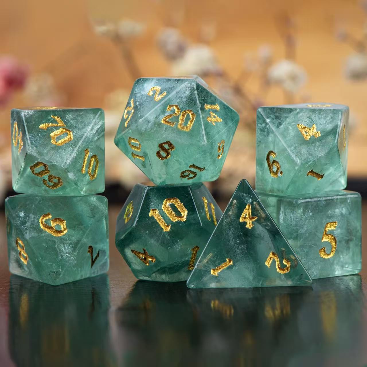 DIEACE D&D Green Fluorite Gemstone Engraved Dice Set