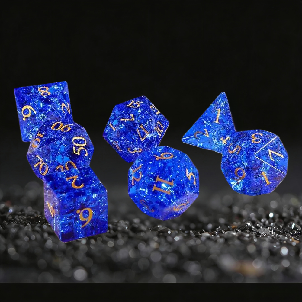 DIEACE D&D Crackle Blue Crystal Glass Gemstone Engraved Dice Set