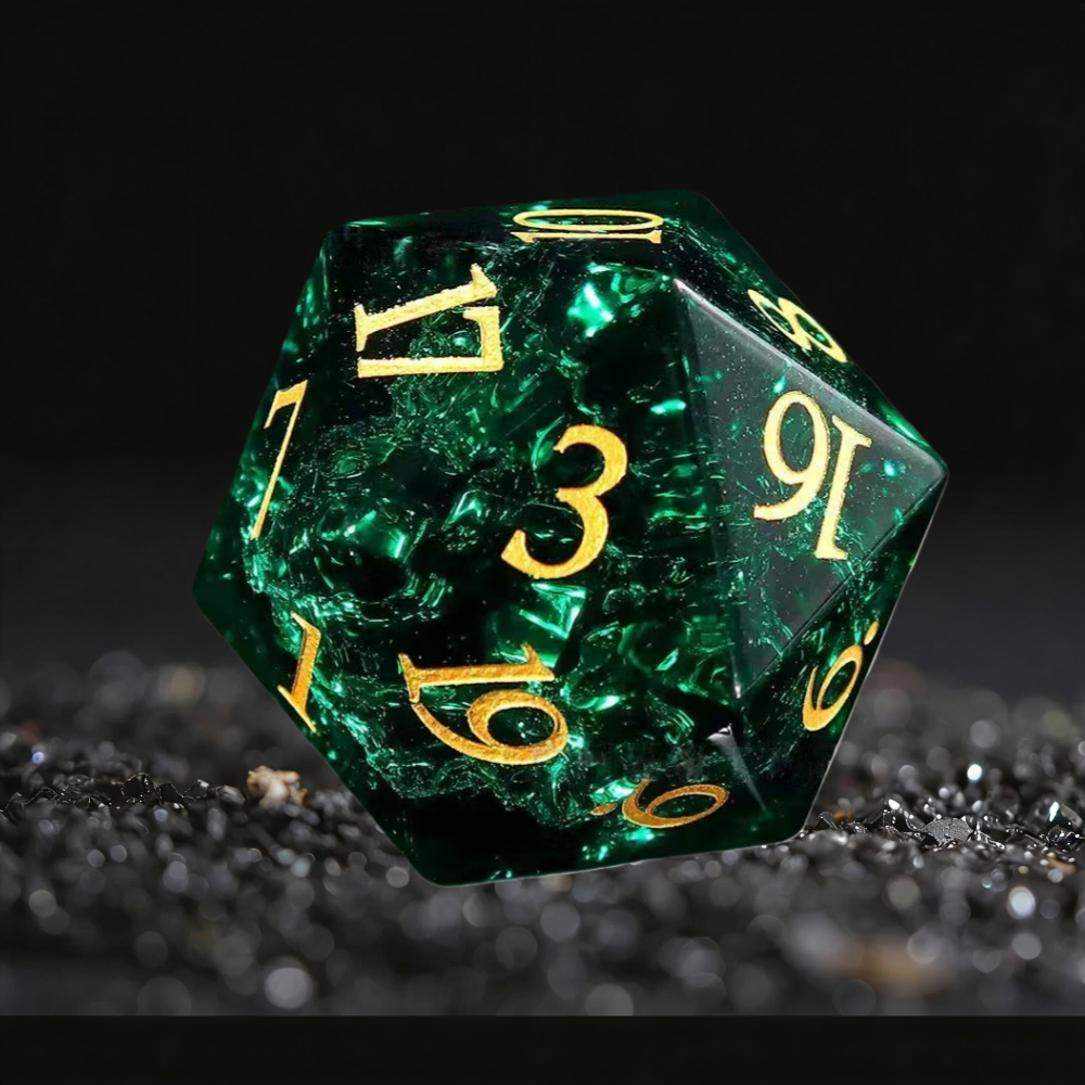 DIEACE D&D Crackle Cypress Green Crystal Glass Gemstone Engraved Dice Set