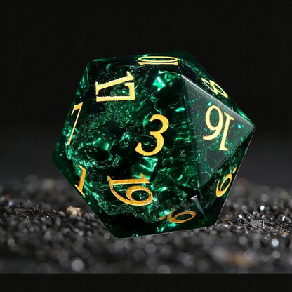 DIEACE D&D Crackle Cypress Green Crystal Glass Gemstone Engraved Dice Set