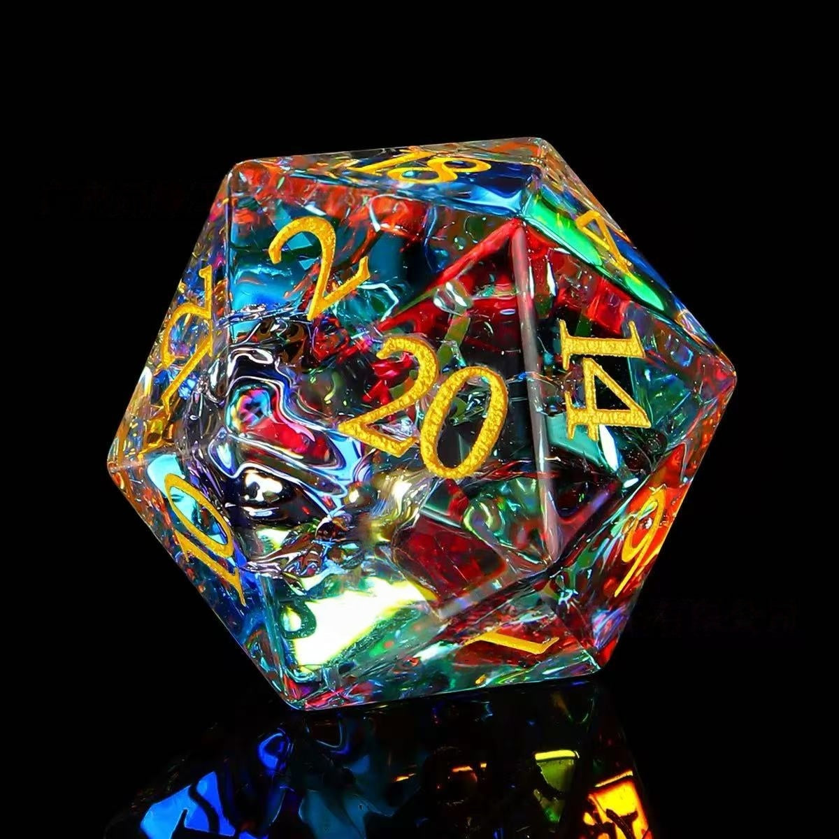 DIEACE D&D Rainbow Crackle Crystal Glass Gemstone Engraved Dice Set