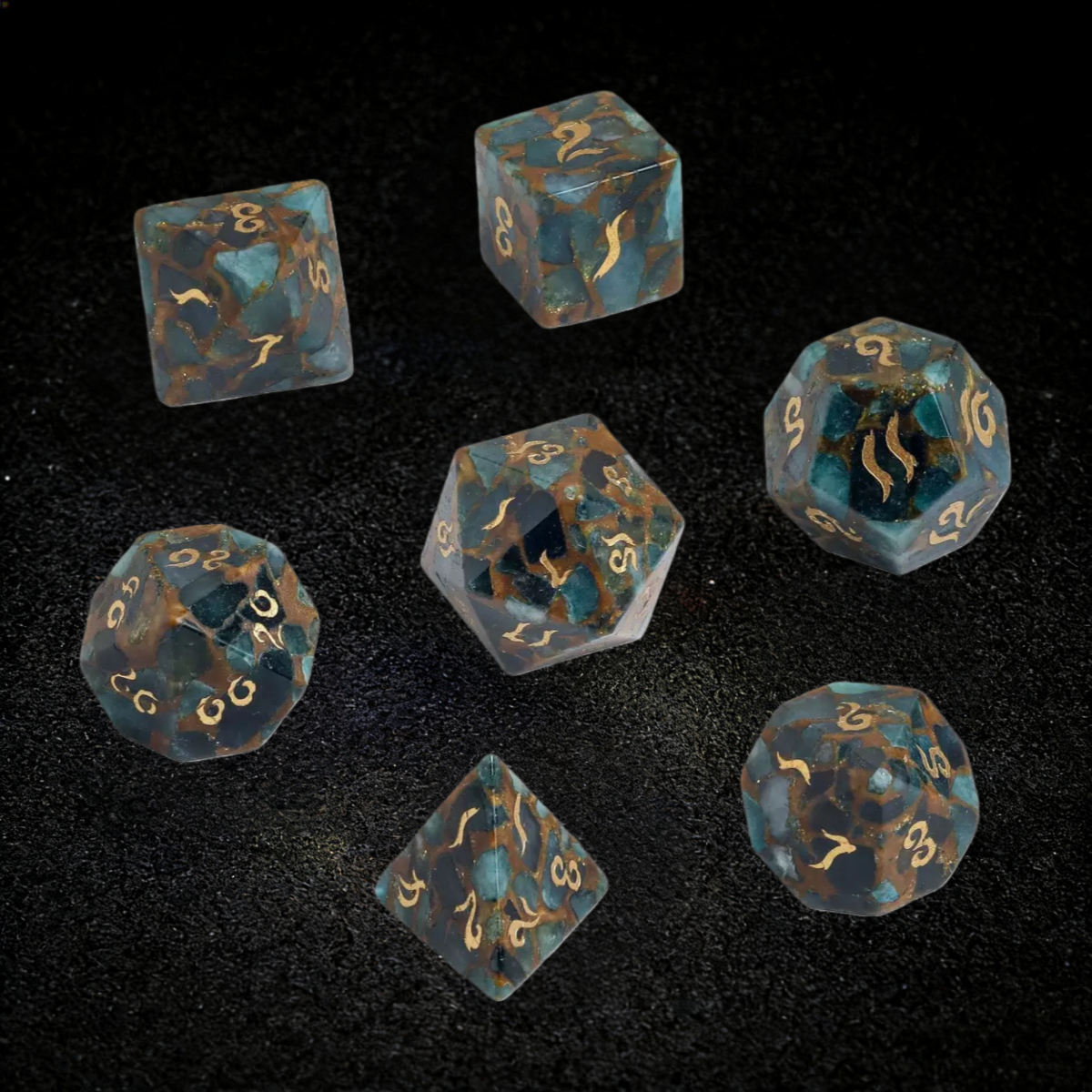 DIEACE D&D Blue Gold Stone Gemstone Engraved Dice Set