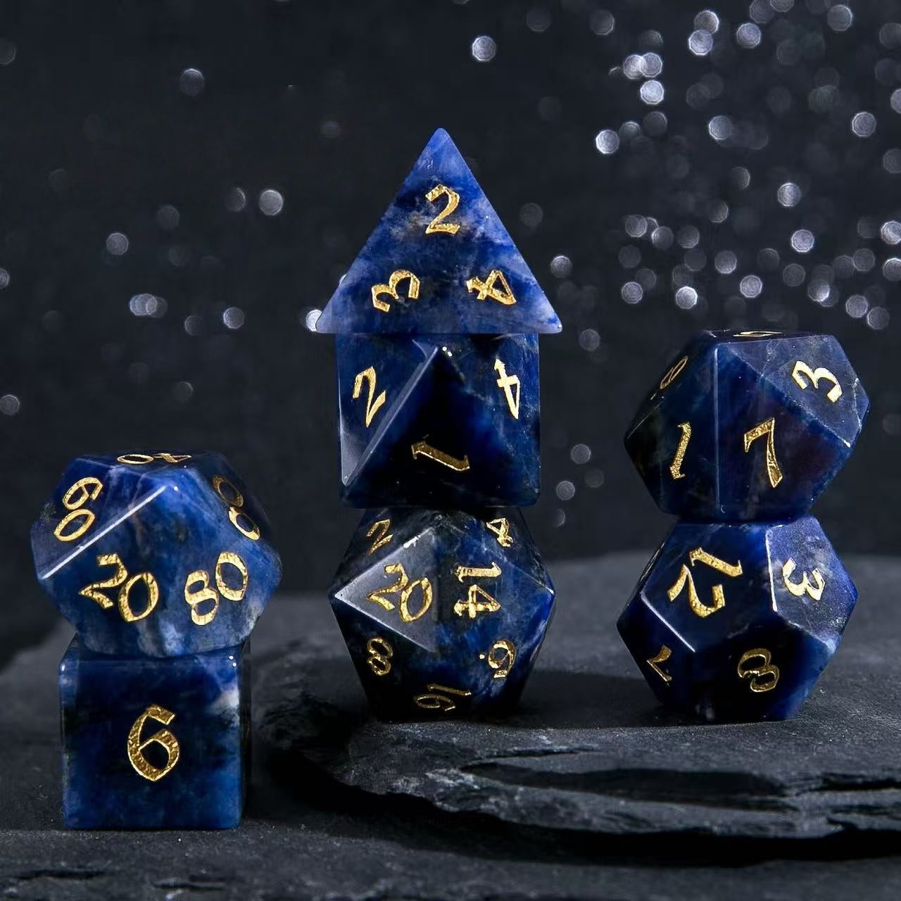 DIEACE D&D Blue Veined Gemstone Engraved Dice Set