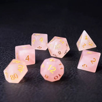 DIEACE D&D Rose Quartz Gemstone Engraved Dice Set