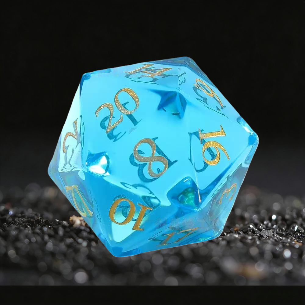 DIEACE D&D Sea Blue Crystal Glass Gemstone Engraved Dice Set