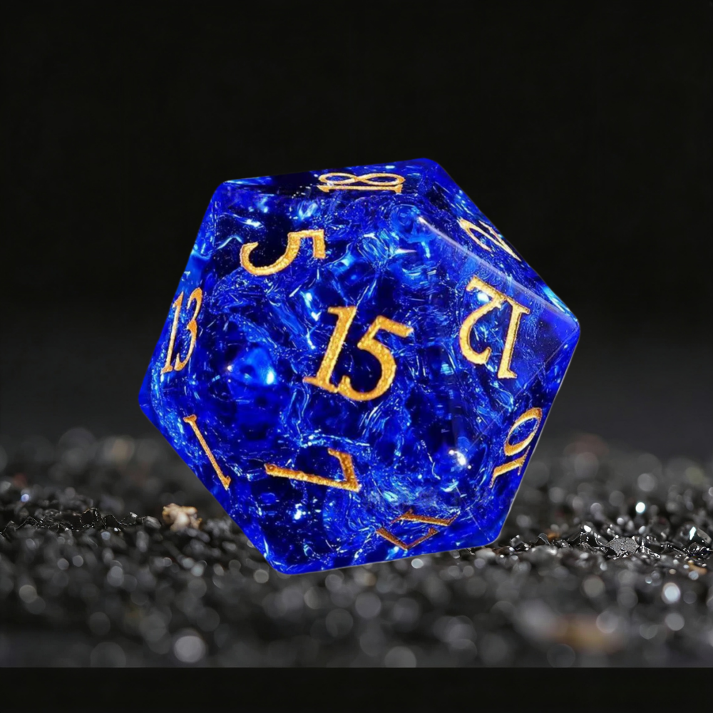 DIEACE D&D Crackle Blue Crystal Glass Gemstone Engraved Dice Set