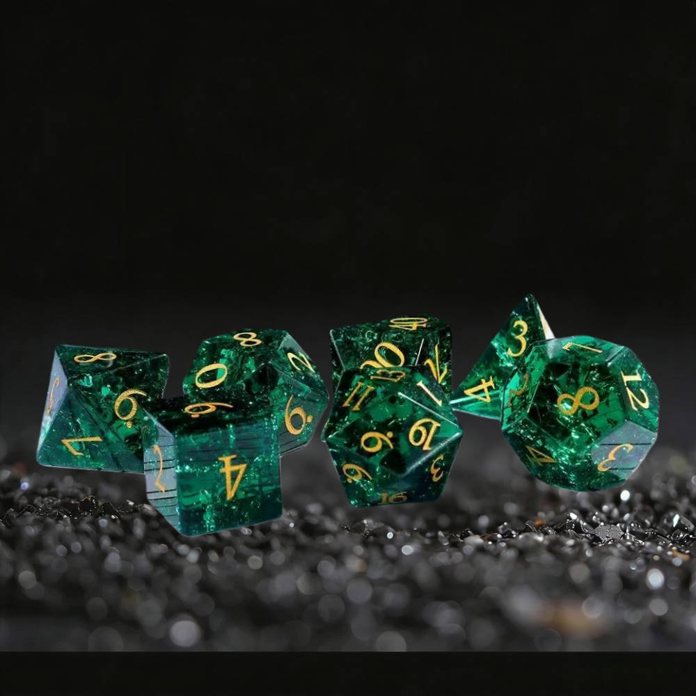 DIEACE D&D Crackle Cypress Green Crystal Glass Gemstone Engraved Dice Set
