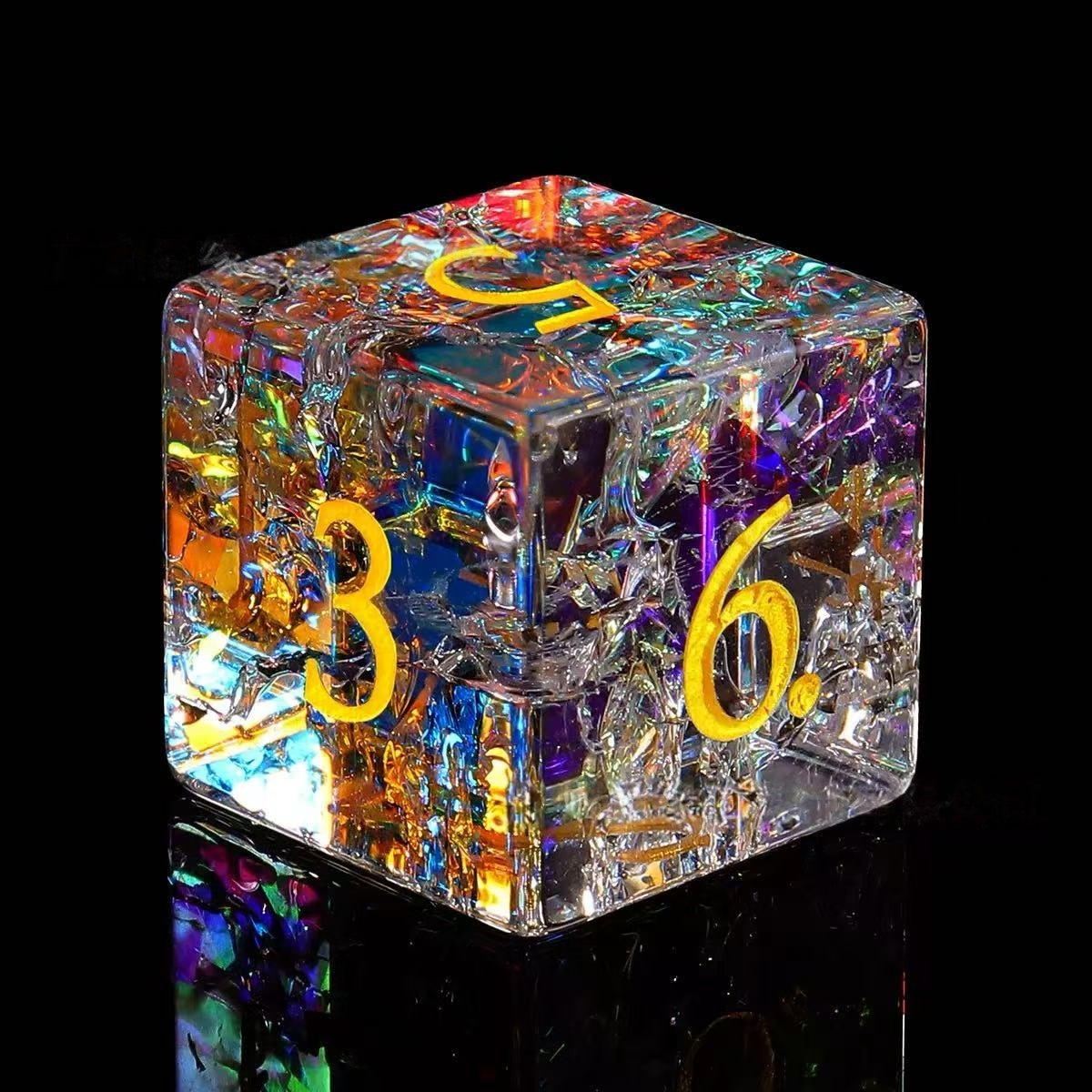 DIEACE D&D Rainbow Crackle Crystal Glass Gemstone Engraved Dice Set