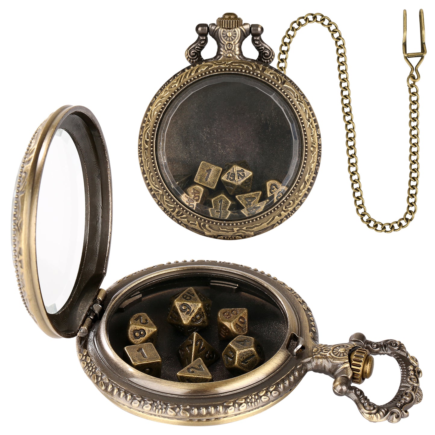 DIEACE D&D Transparent Glass Pocket Watch Metal Dice Set