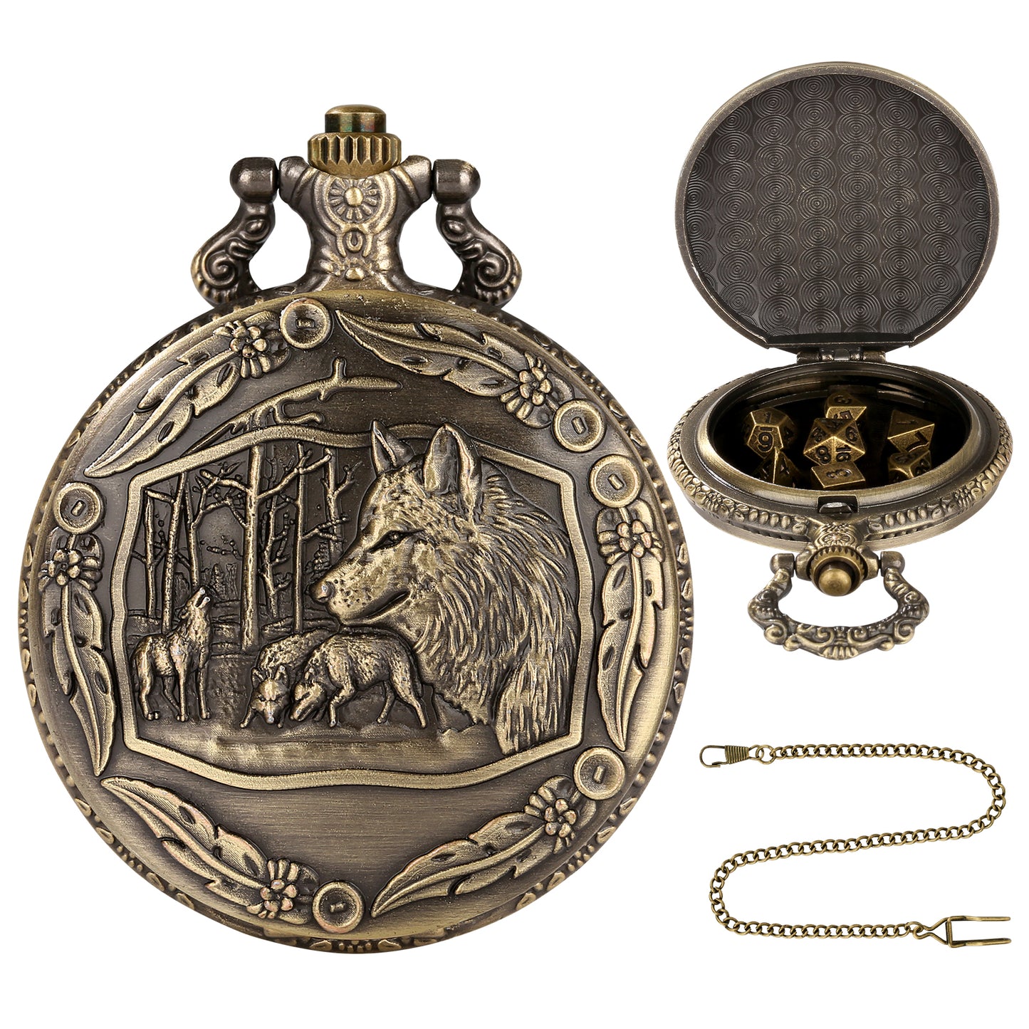 DIEACE D&D Wolf Design Metal Pocket Watch Dice