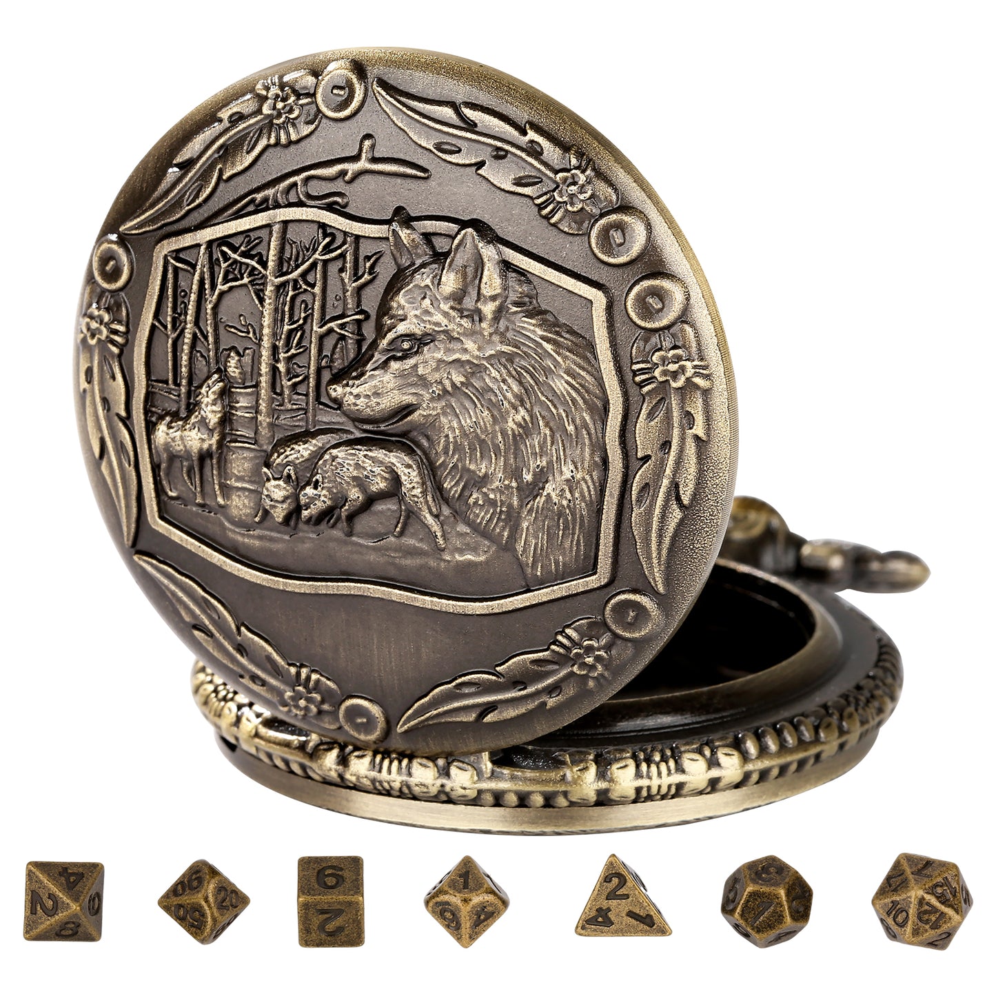 DIEACE D&D Wolf Design Metal Pocket Watch Dice