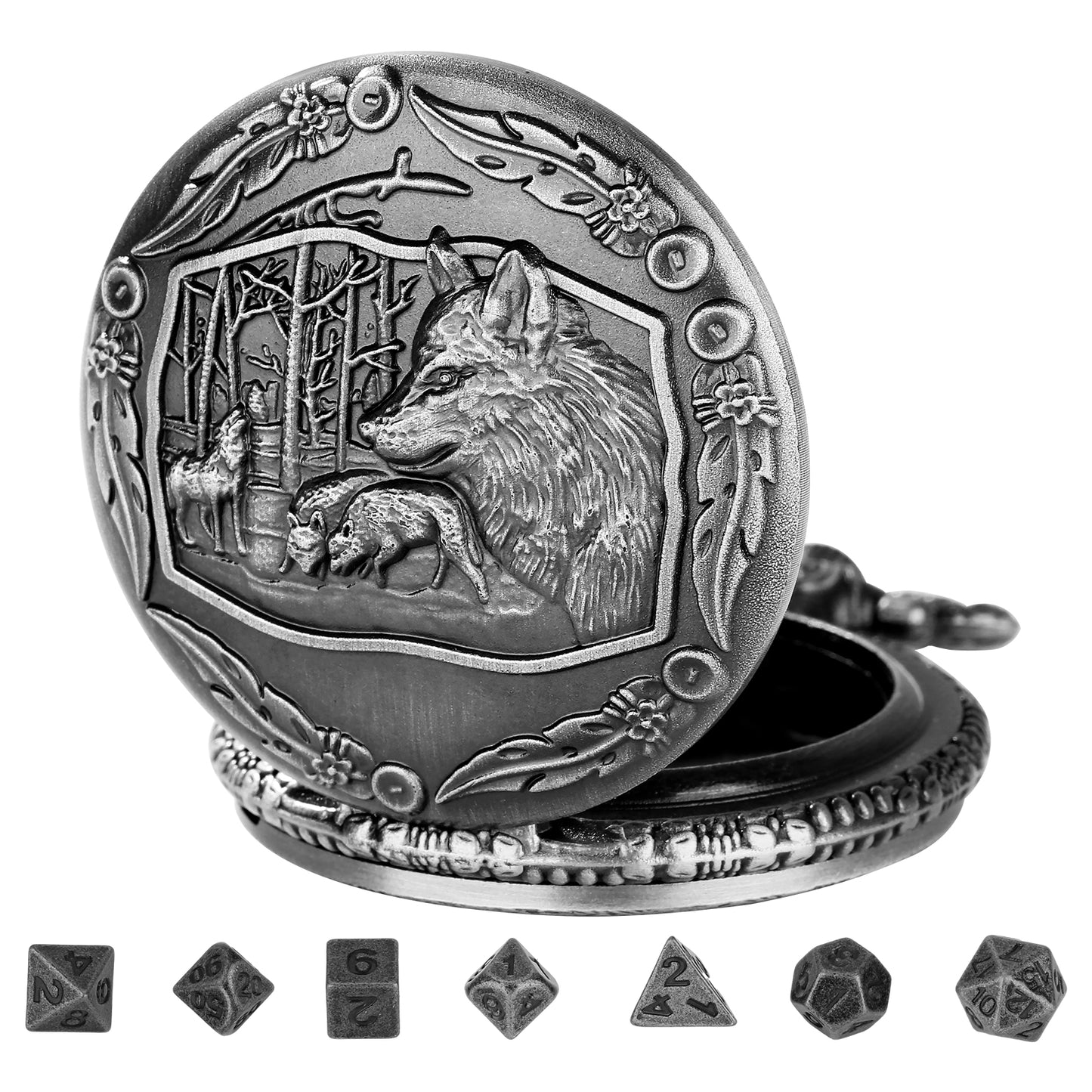 DIEACE D&D Wolf Design Metal Pocket Watch Dice