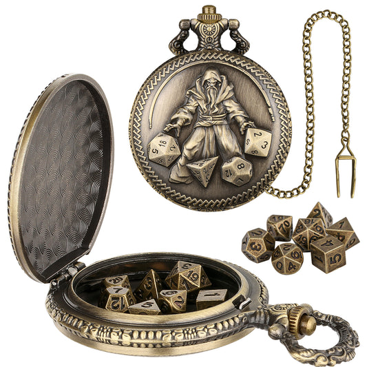 DIEACE D&D Wizard-themed Metal Pocket Watch Dice Set