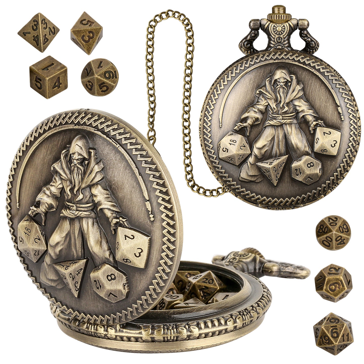 DIEACE D&D Wizard-themed Metal Pocket Watch Dice Set