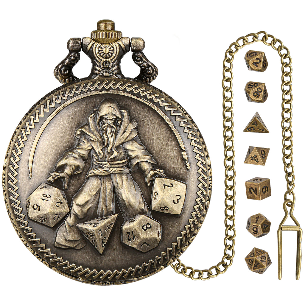 DIEACE D&D Wizard-themed Metal Pocket Watch Dice Set