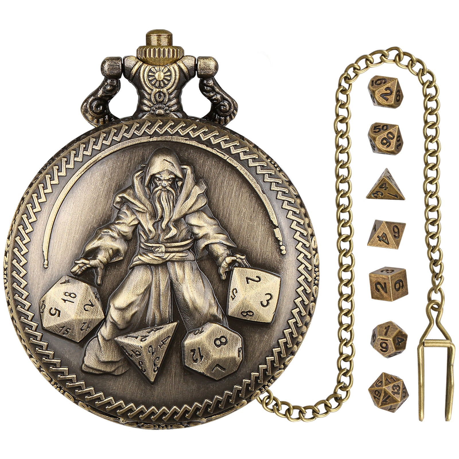 DIEACE D&D Wizard-themed Metal Pocket Watch Dice Set