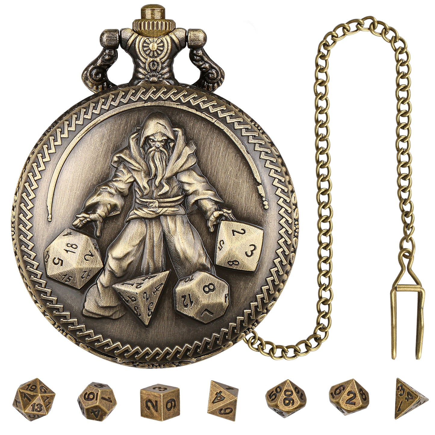 DIEACE D&D Wizard-themed Metal Pocket Watch Dice Set