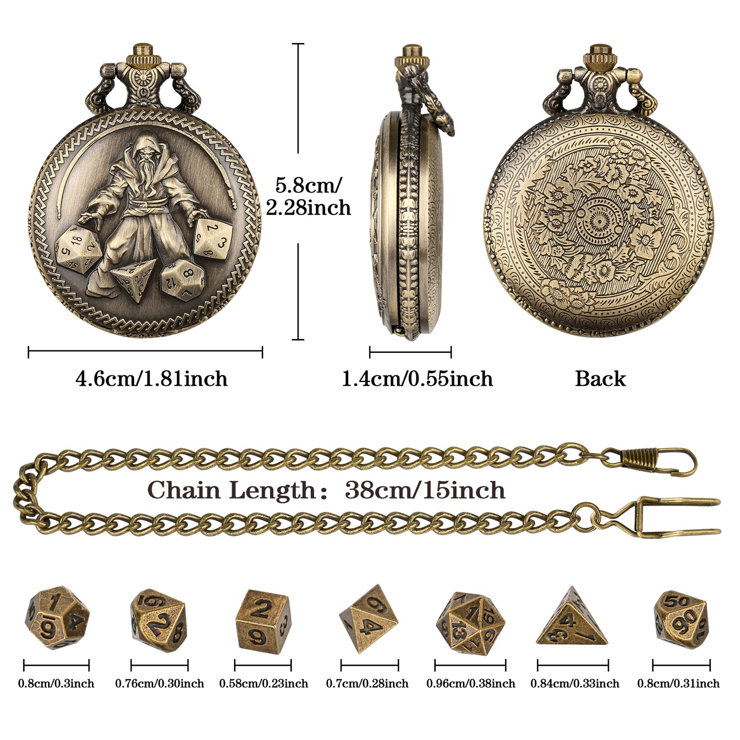DIEACE D&D Wizard-themed Metal Pocket Watch Dice Set